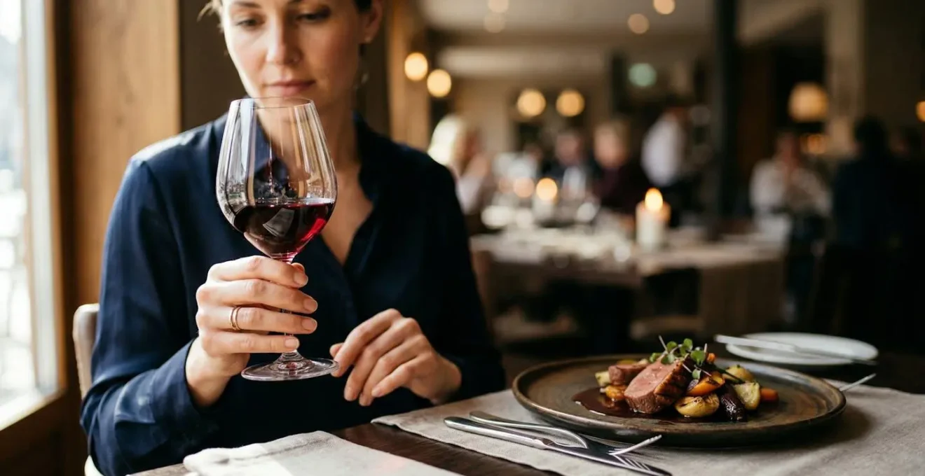 Dégustation de vin rouge dans un verre élégant accompagné d'un plat gastronomique raffiné en arrière-plan, sur une table de restaurant