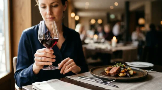 Dégustation de vin rouge dans un verre élégant accompagné d'un plat gastronomique raffiné en arrière-plan, sur une table de restaurant