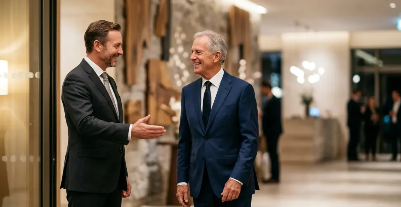 Scène d'accueil professionnel chaleureux dans un espace événementiel élégant