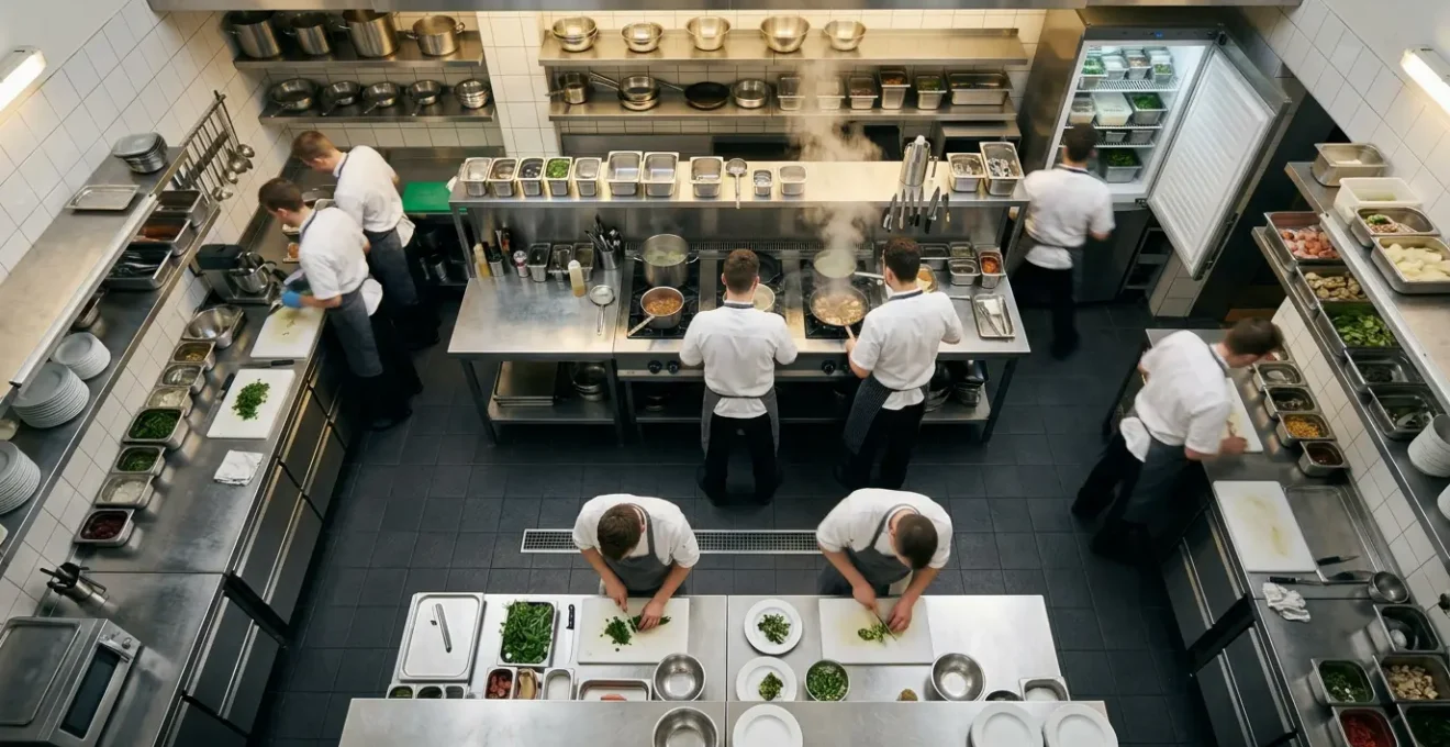 Vue aérienne d'une cuisine professionnelle compacte optimisée avec flux de travail efficace