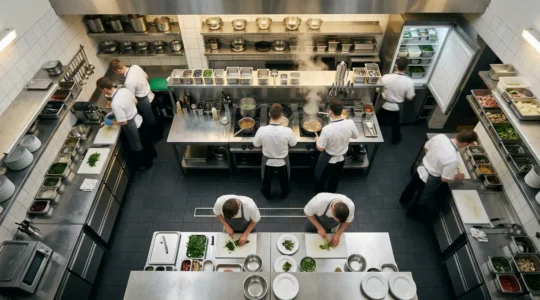 Vue aérienne d'une cuisine professionnelle compacte optimisée avec flux de travail efficace