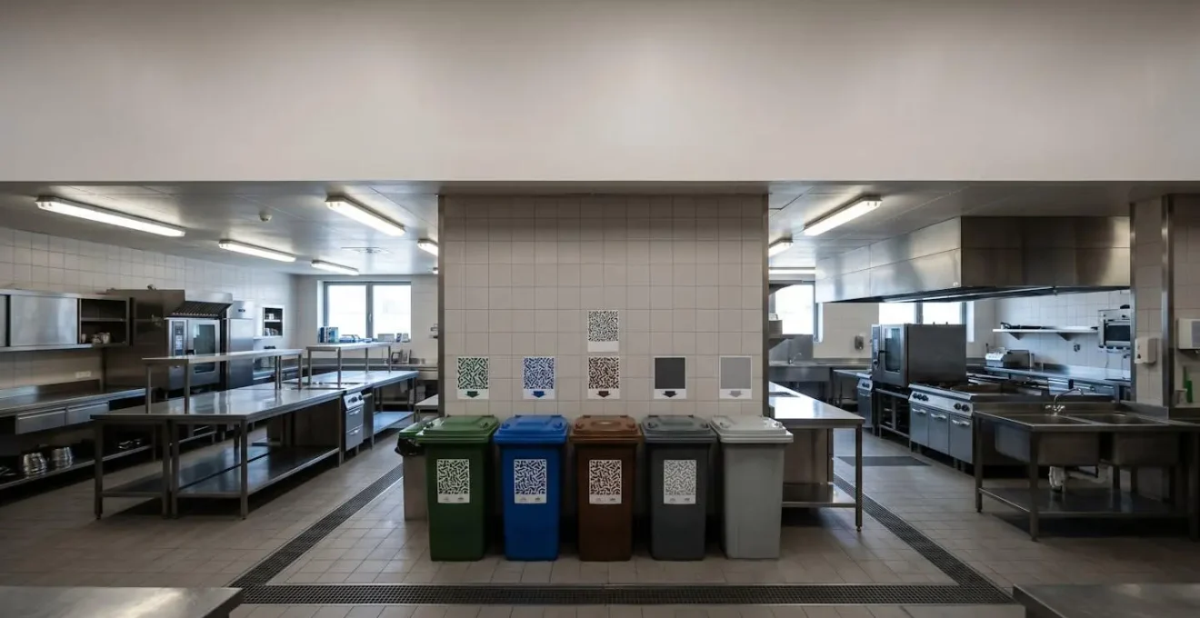 Vue d'ensemble d'une cuisine professionnelle avec zones de tri des déchets alimentaires pour diagnostic des pertes