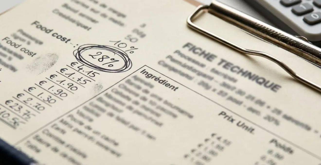 Gros plan sur fiche technique de restaurant avec calculs de food cost et ratios de rentabilité