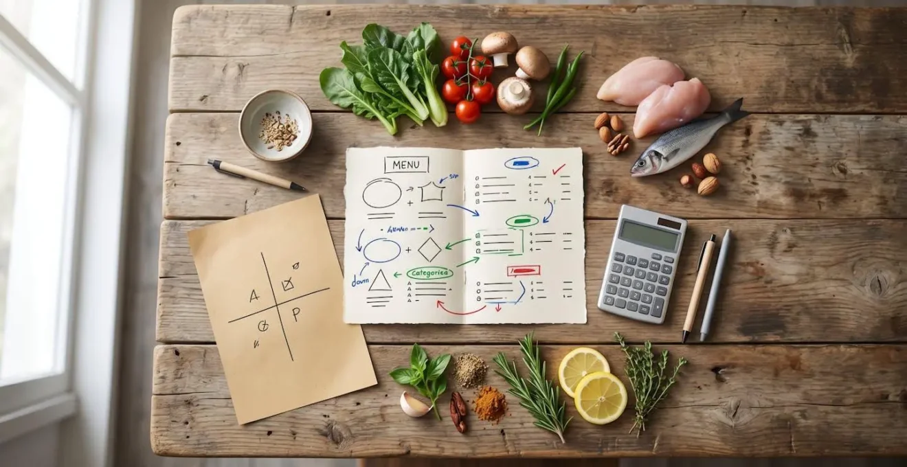 Vue aérienne d'une table de travail avec une carte de menu annotée, des graphiques de performance et des ingrédients disposés par catégorie