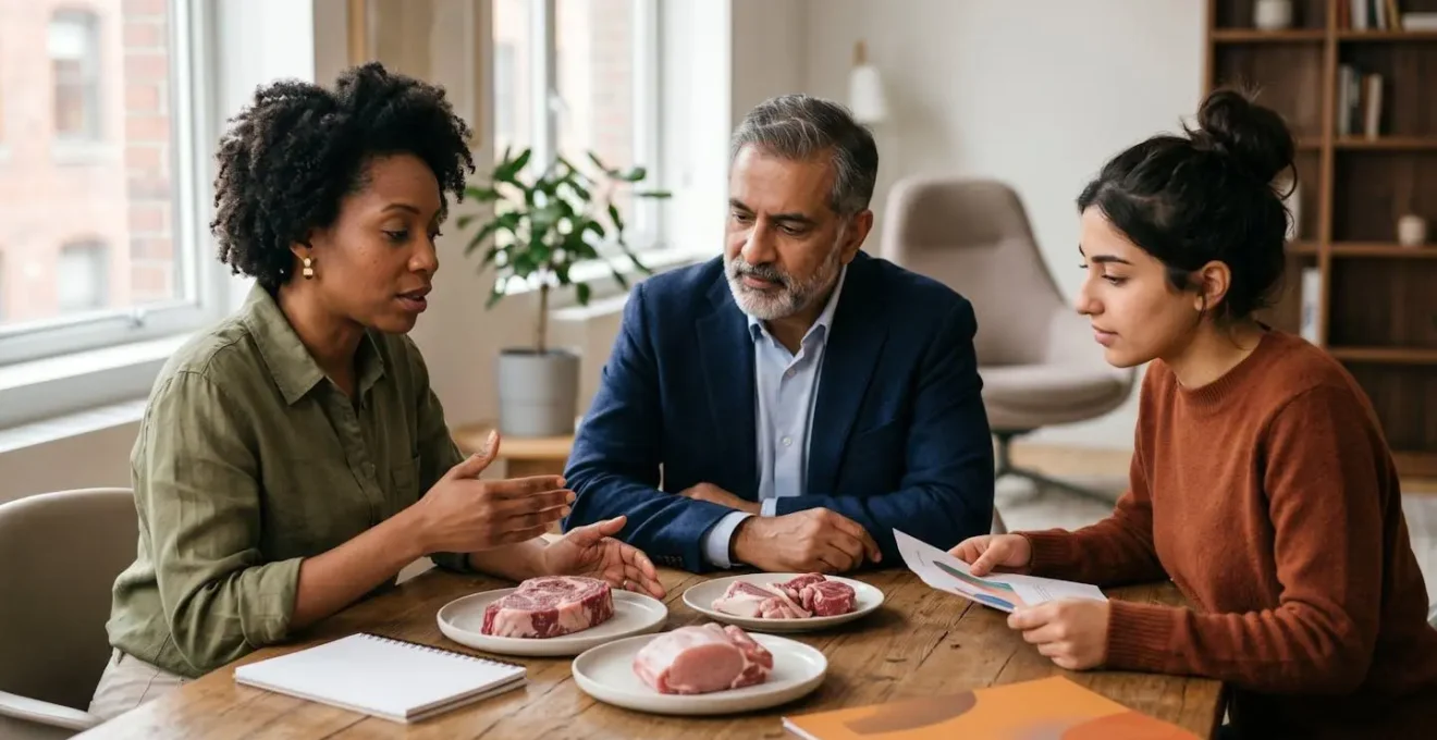 Réunion professionnelle de gestionnaires de restauration collective discutant stratégie d'achat avec échantillons de viande