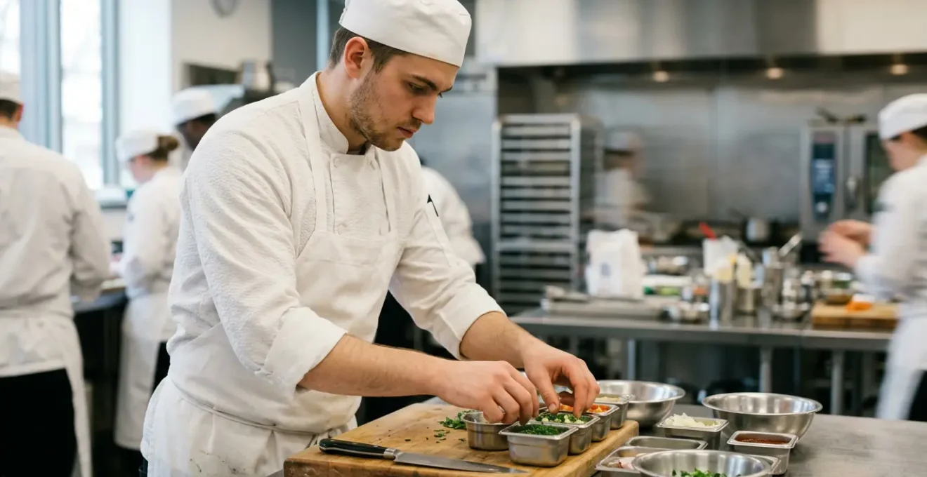 Chef cuisinier professionnel supervisant une brigade en cuisine dans un environnement de formation professionnelle