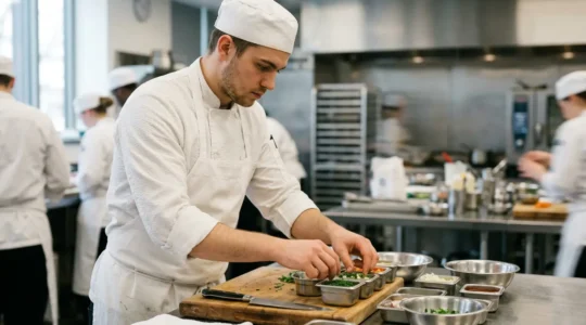 Chef cuisinier professionnel supervisant une brigade en cuisine dans un environnement de formation professionnelle