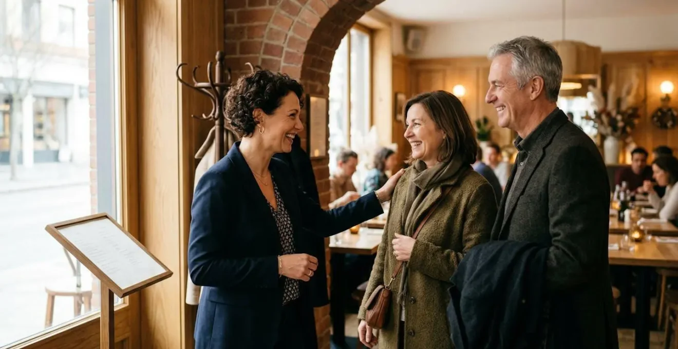 Restaurateur accueillant chaleureusement des clients habitués dans un restaurant à l'ambiance conviviale