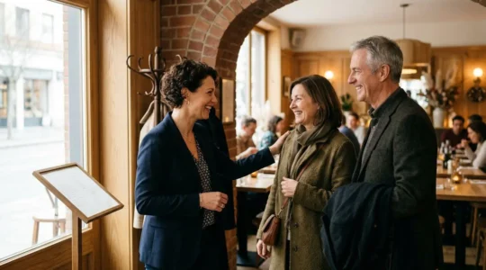 Restaurateur accueillant chaleureusement des clients habitués dans un restaurant à l'ambiance conviviale