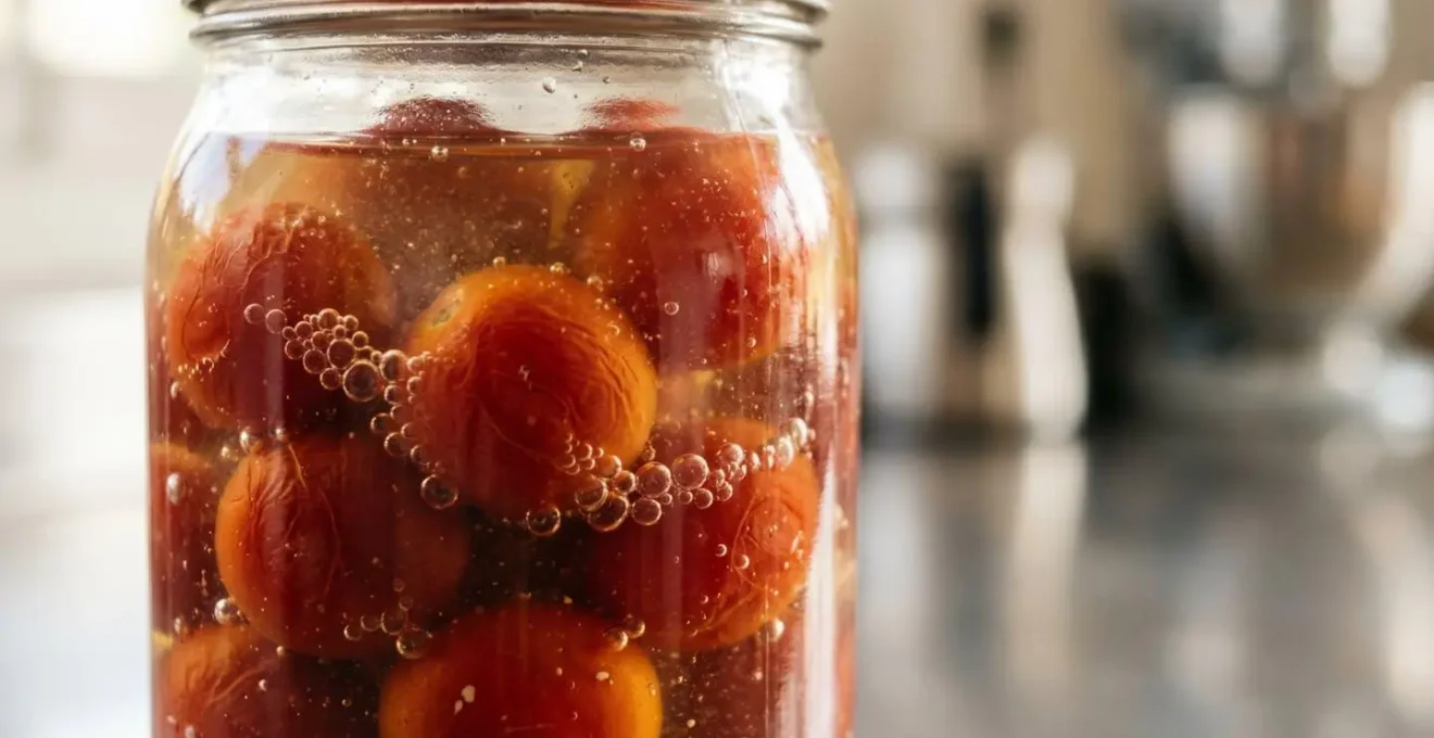 Bocaux en verre contenant des tomates cerises lactofermentées dans une cuisine professionnelle
