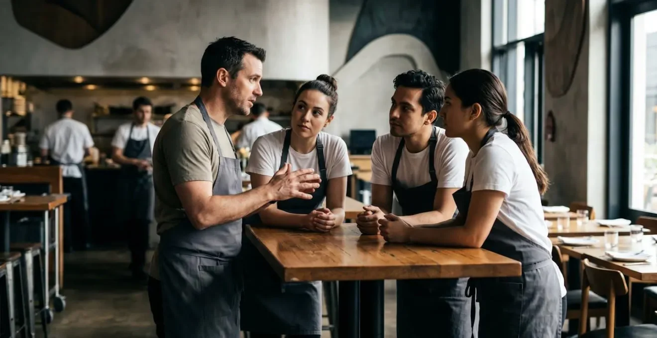 Un manager menant un briefing d'équipe avant le service dans un restaurant