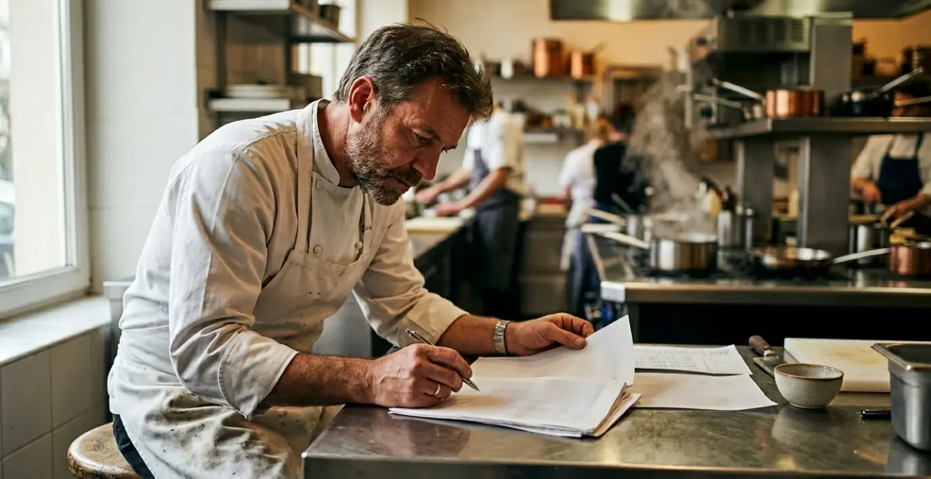 Chef restaurateur analysant des documents budgétaires dans une cuisine professionnelle moderne