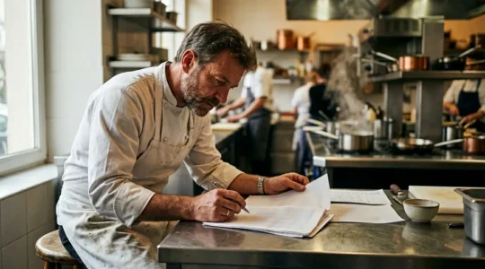 Chef restaurateur analysant des documents budgétaires dans une cuisine professionnelle moderne