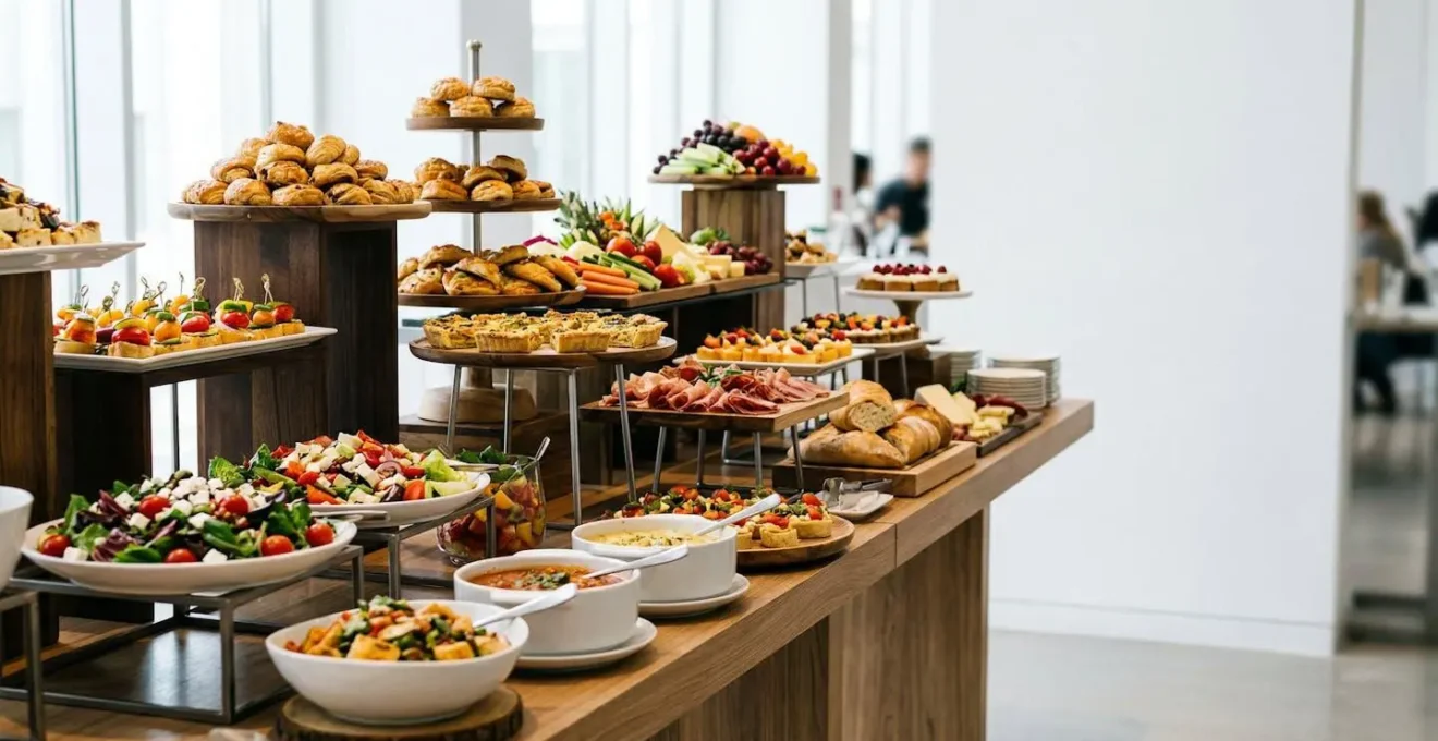 Buffet événementiel photogénique avec présentation en hauteur et palette chromatique vibrante