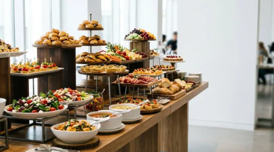 Buffet événementiel photogénique avec présentation en hauteur et palette chromatique vibrante