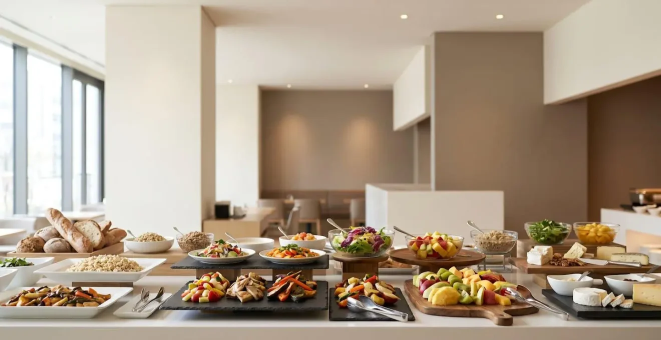 Buffet de restaurant professionnel avec mise en scène chromatique des plats sur différents supports