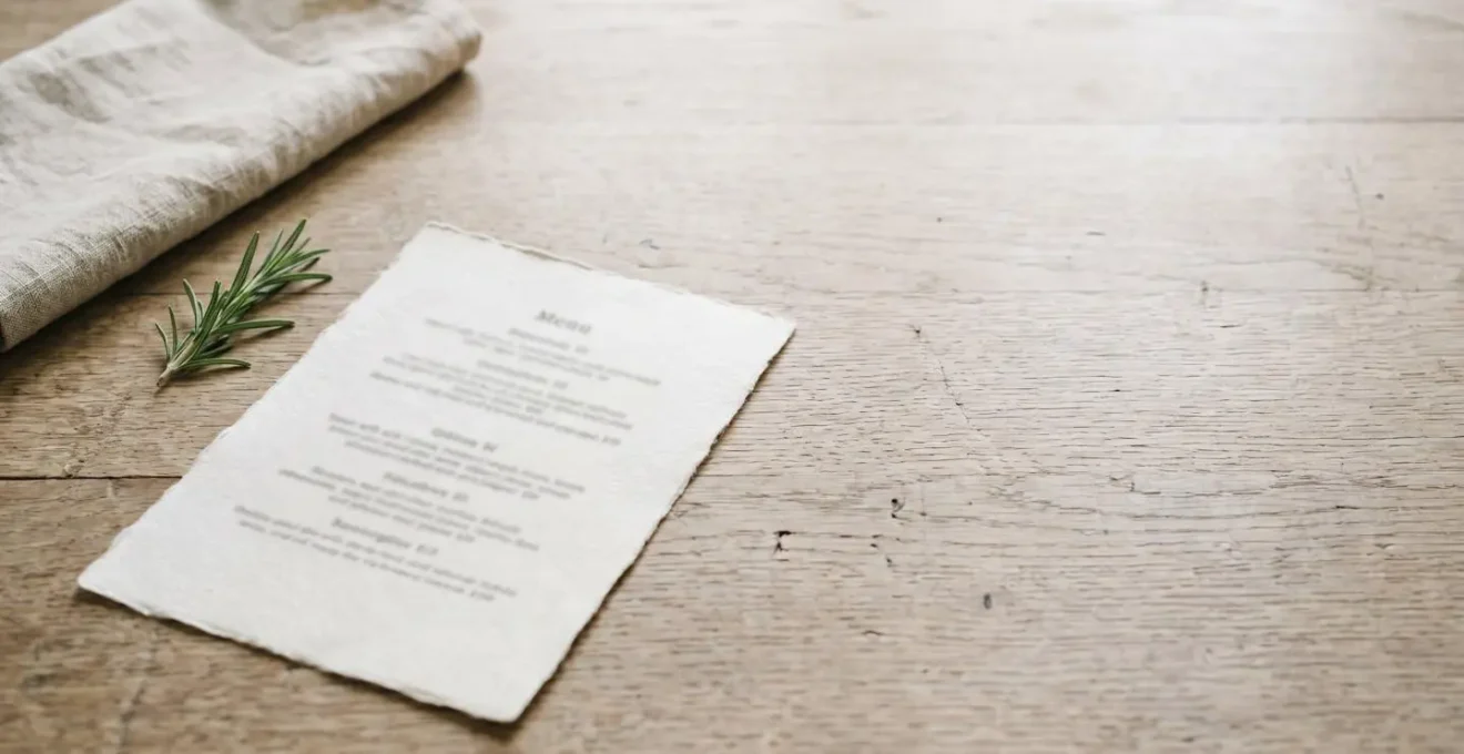 Menu de restaurant court et épuré posé sur une table en bois naturel avec espace négatif