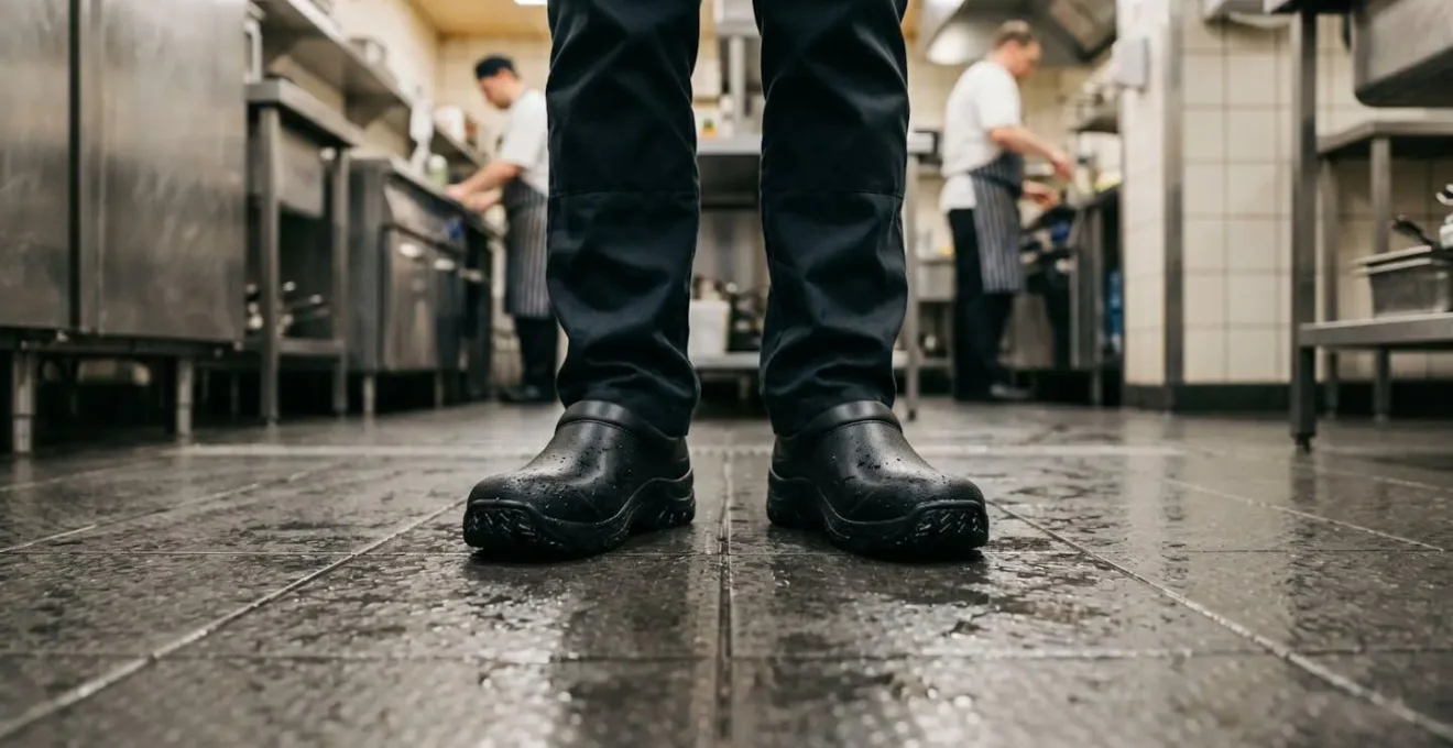 Vue en contre-plongée sur des chaussures de sécurité antidérapantes professionnelles en cuisine