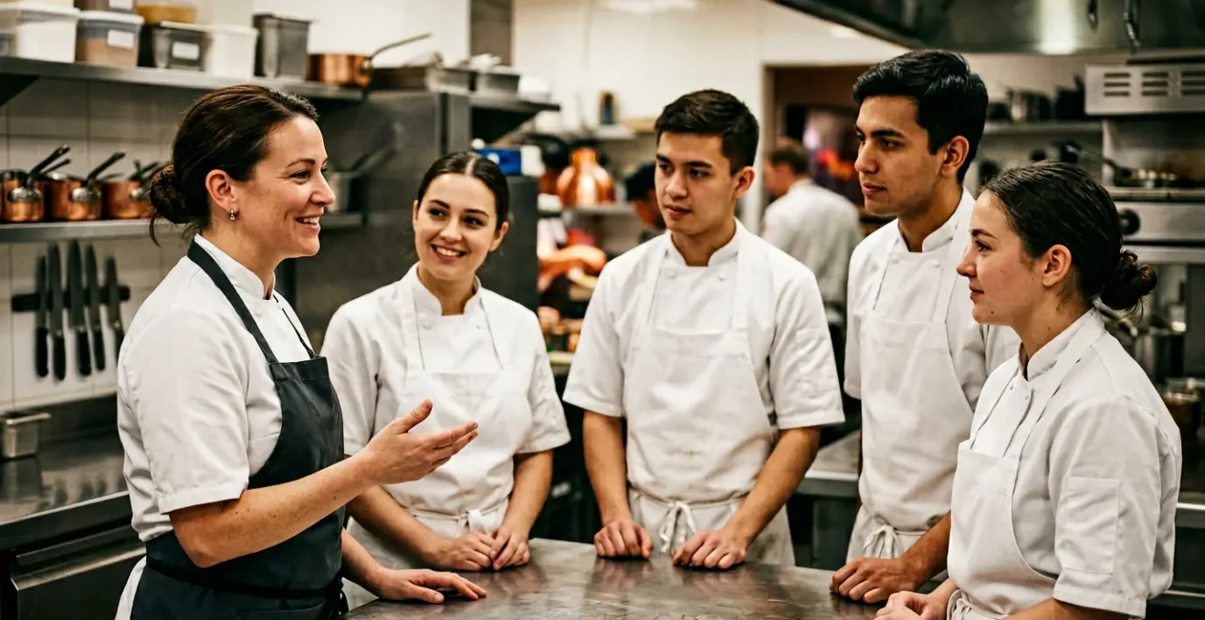 Chef de cuisine motivant sa brigade lors d'un briefing d'équipe dans une cuisine professionnelle moderne