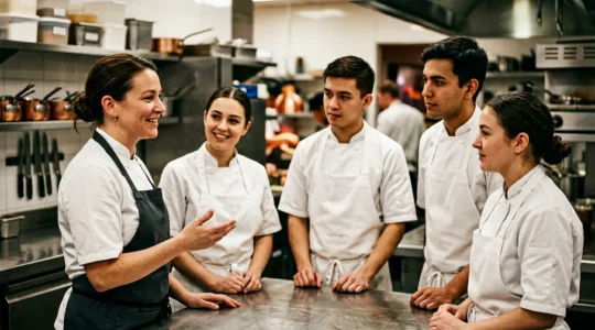 Chef de cuisine motivant sa brigade lors d'un briefing d'équipe dans une cuisine professionnelle moderne