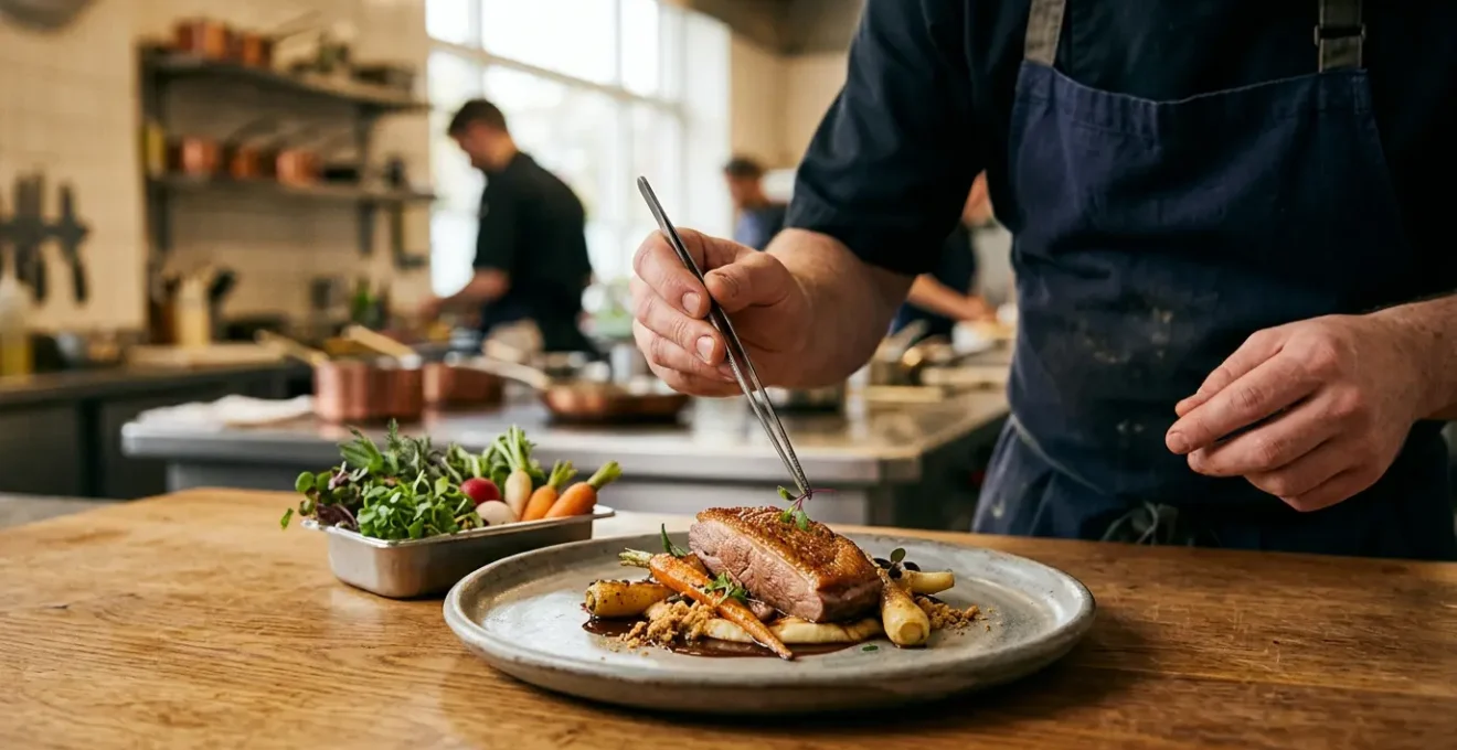 Chef présentant un plat signature gastronomique dans une cuisine professionnelle moderne