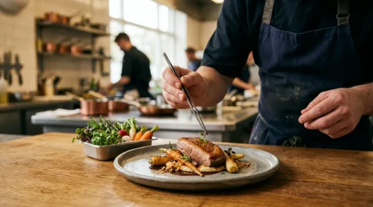 Chef présentant un plat signature gastronomique dans une cuisine professionnelle moderne