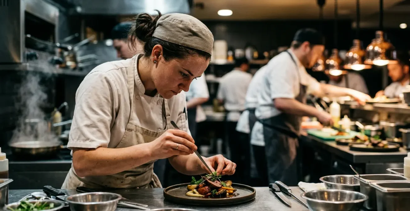 Chef de partie concentré pendant un service en cuisine professionnelle avec brigade en action