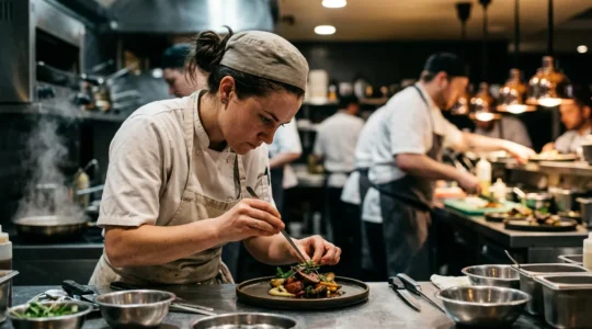 Chef de partie concentré pendant un service en cuisine professionnelle avec brigade en action