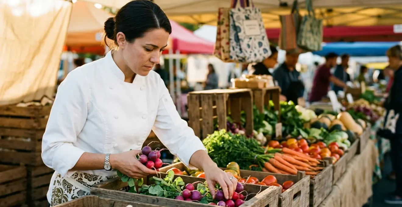 Chef cuisinier sélectionnant des légumes de saison frais sur un marché de producteurs locaux
