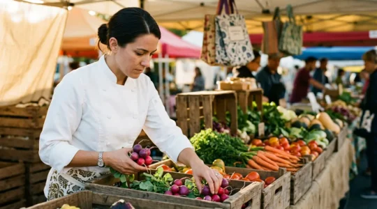 Chef cuisinier sélectionnant des légumes de saison frais sur un marché de producteurs locaux