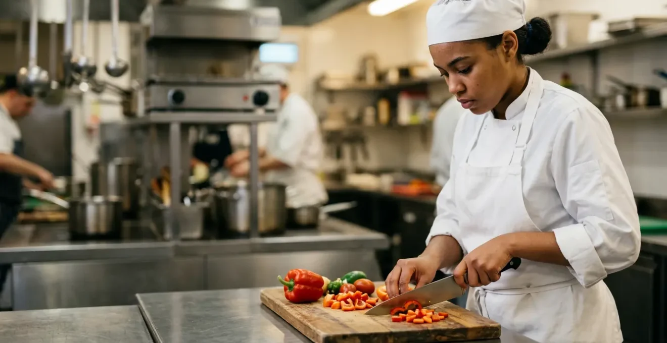 Jeune commis de cuisine débutant concentré sur sa technique de découpe dans une cuisine professionnelle