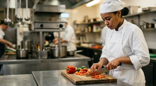 Jeune commis de cuisine débutant concentré sur sa technique de découpe dans une cuisine professionnelle