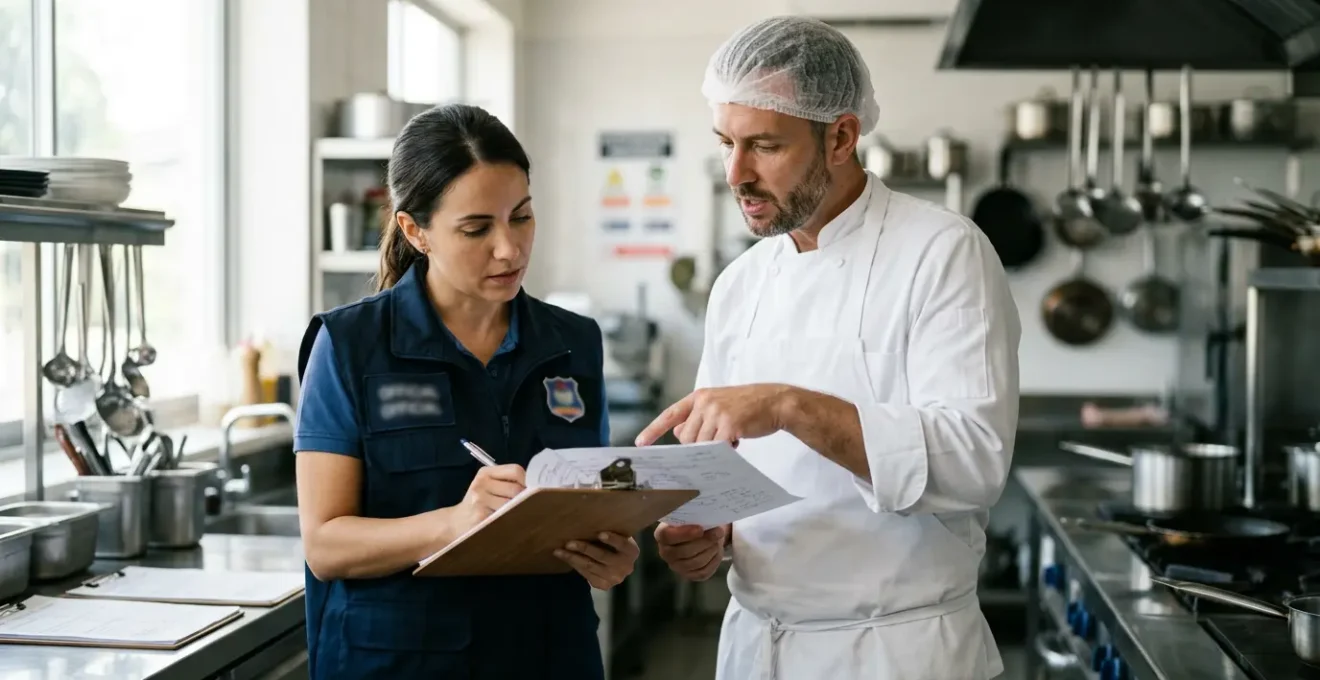 Inspecteur sanitaire effectuant un contrôle en cuisine professionnelle avec chef cuisinier