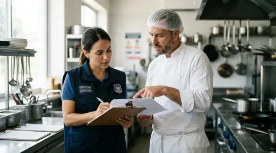 Inspecteur sanitaire effectuant un contrôle en cuisine professionnelle avec chef cuisinier