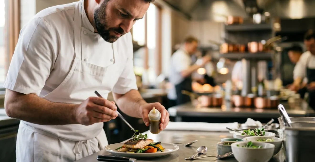Chef cuisinier en action dans une cuisine professionnelle moderne illustrant l'efficacité opérationnelle