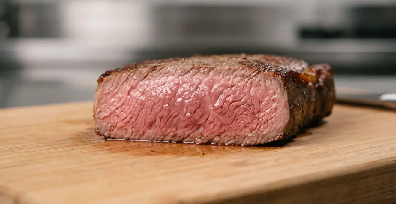 Viande cuite à basse température dans un four professionnel montrant une texture rosée et juteuse parfaitement homogène