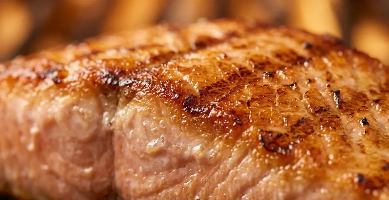 Gros plan sur un pavé de poisson en train de griller sur une plancha professionnelle, révélant une croûte dorée et caramélisée