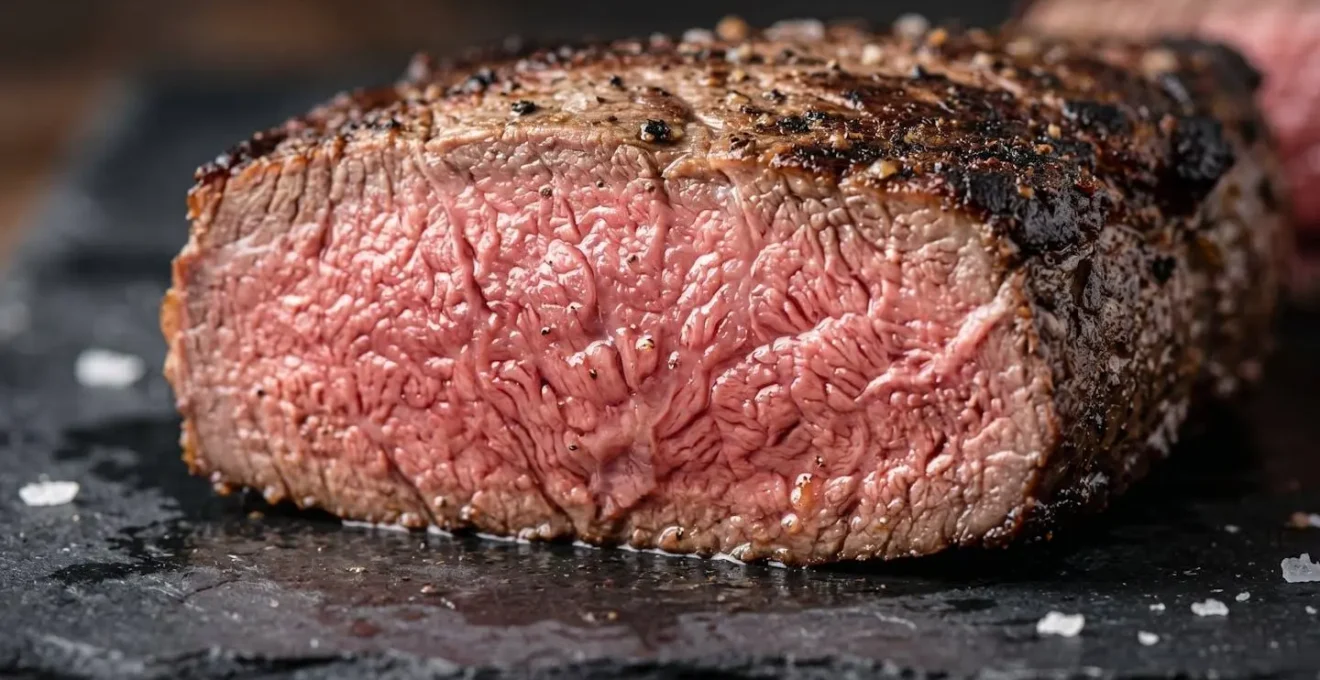 Viande cuite à la perfection en basse température montrant une texture uniforme et juteuse