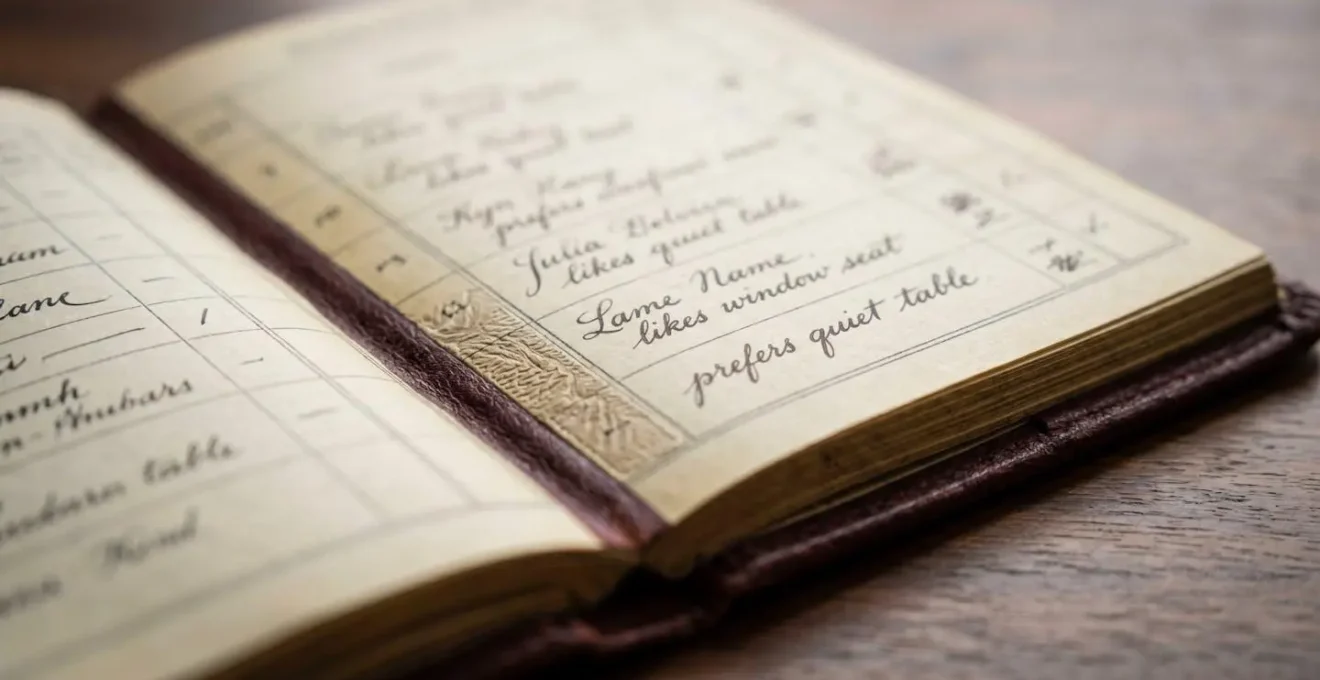 Vue macro sur des données client manuscrites dans un carnet de réservation de restaurant élégant