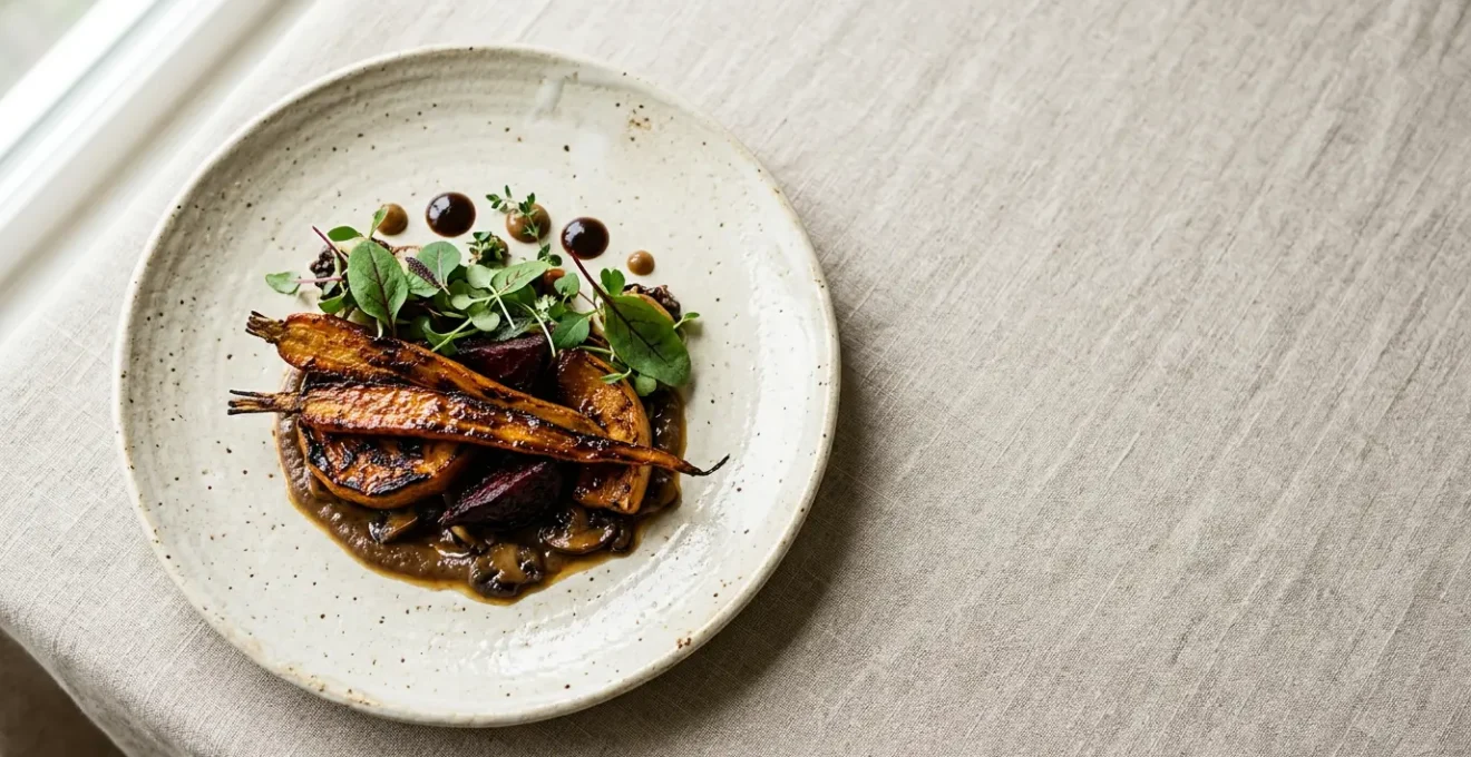 Assiette gastronomique végétale aux textures et couleurs complexes présentée avec art