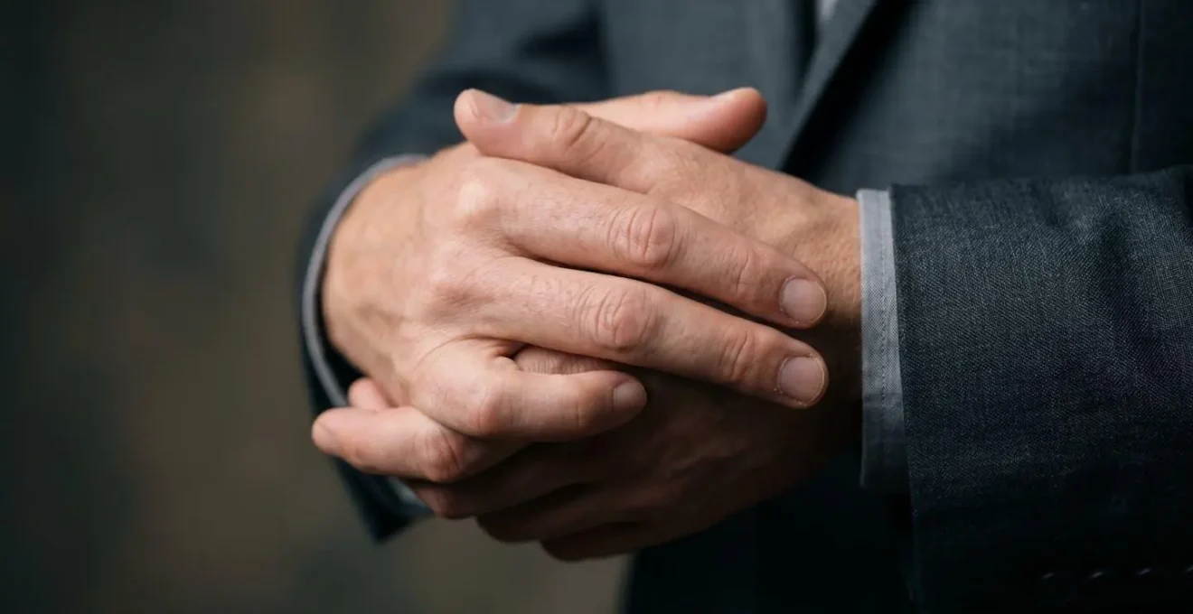 Gros plan macro sur des mains en pleine préparation d'un entretien, capturant les détails d'un geste concentré et professionnel