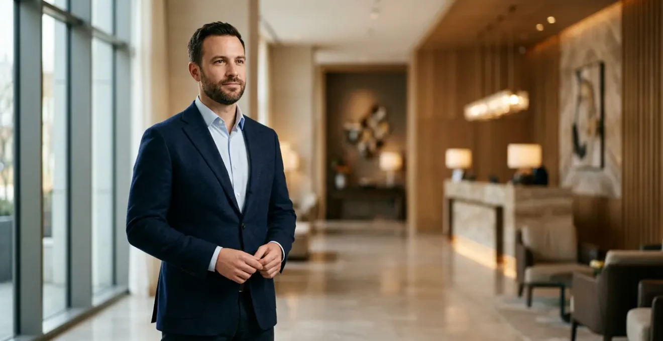 Professionnel de l'hôtellerie en tenue élégante dans un environnement haut de gamme