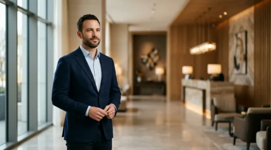Professionnel de l'hôtellerie en tenue élégante dans un environnement haut de gamme