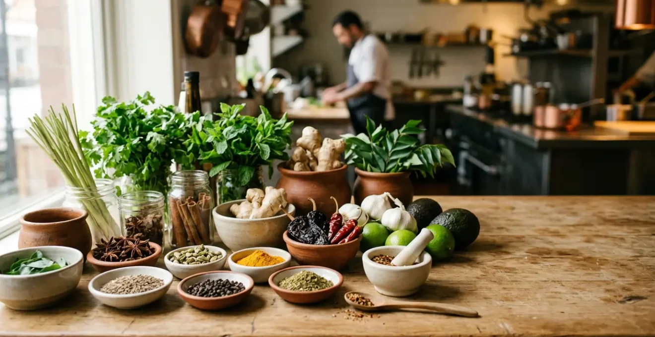 Scène de cuisine professionnelle montrant des ingrédients du monde entier disposés avec respect et authenticité