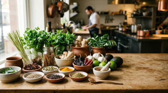 Scène de cuisine professionnelle montrant des ingrédients du monde entier disposés avec respect et authenticité