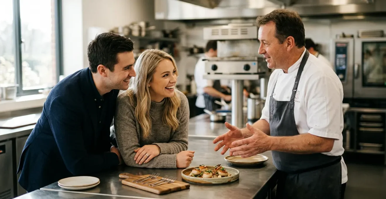 Chef traiteur et couple de mariés examinant des options de menu dans une cuisine professionnelle