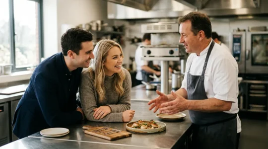 Chef traiteur et couple de mariés examinant des options de menu dans une cuisine professionnelle