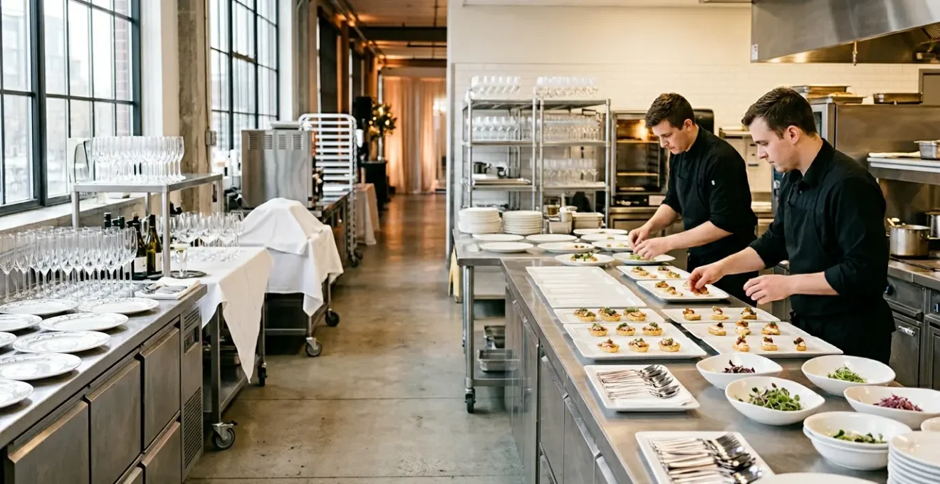 Équipe de traiteurs professionnels préparant un service de mariage dans les coulisses d'une réception élégante