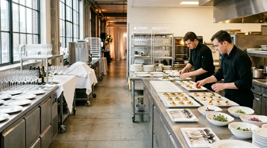 Équipe de traiteurs professionnels préparant un service de mariage dans les coulisses d'une réception élégante