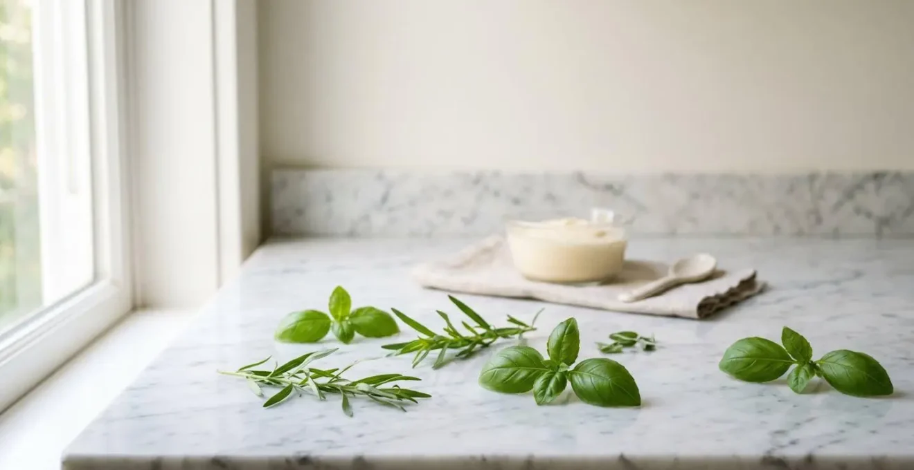 Composition environnementale et minimaliste montrant des herbes fraîches dans un contexte de dessert raffiné